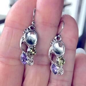 Purple, Green, Clear & Silver Drop Earrings NWT